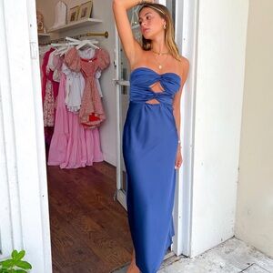 Elegant Navy Strapless Dress, Cut Put Front - Prom, Wedding Guest, Party